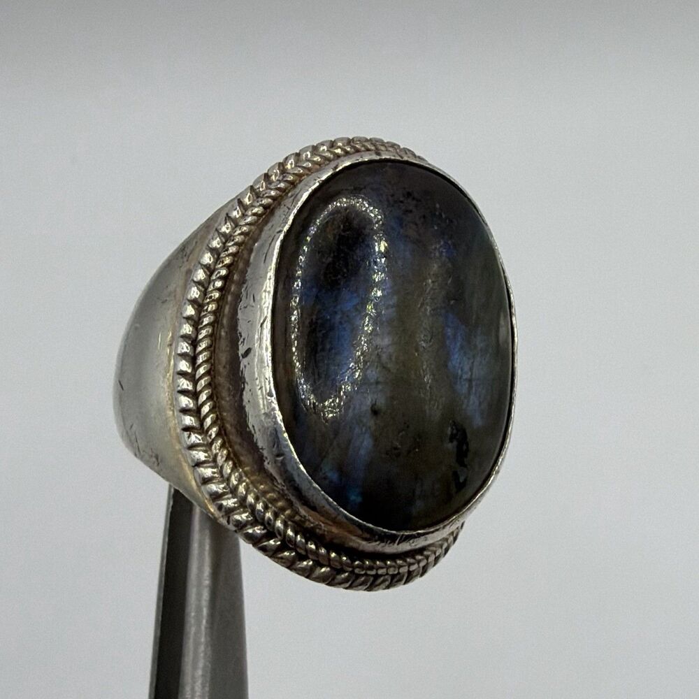925 Sterling Silver Labradorite Ring Size 7.5 Oval Cabochon 15.1g